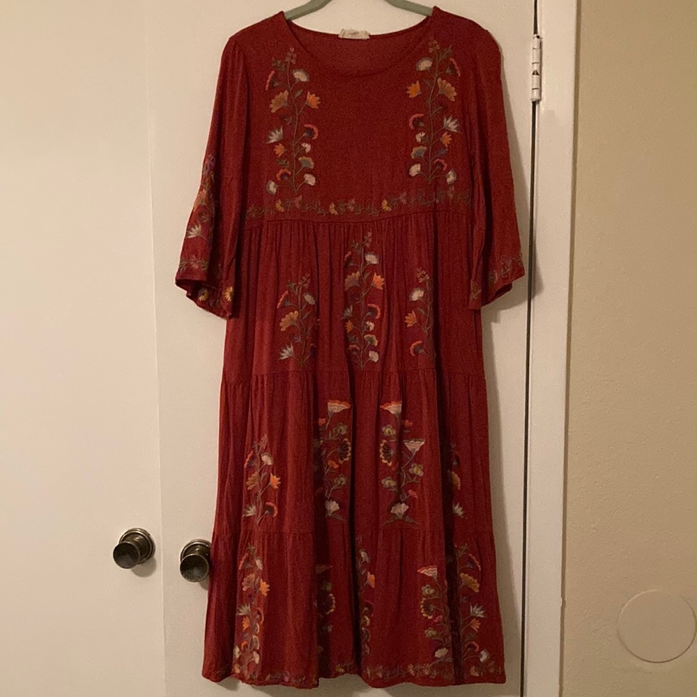embroidered burgundy midi dress; 3/4 sleeved